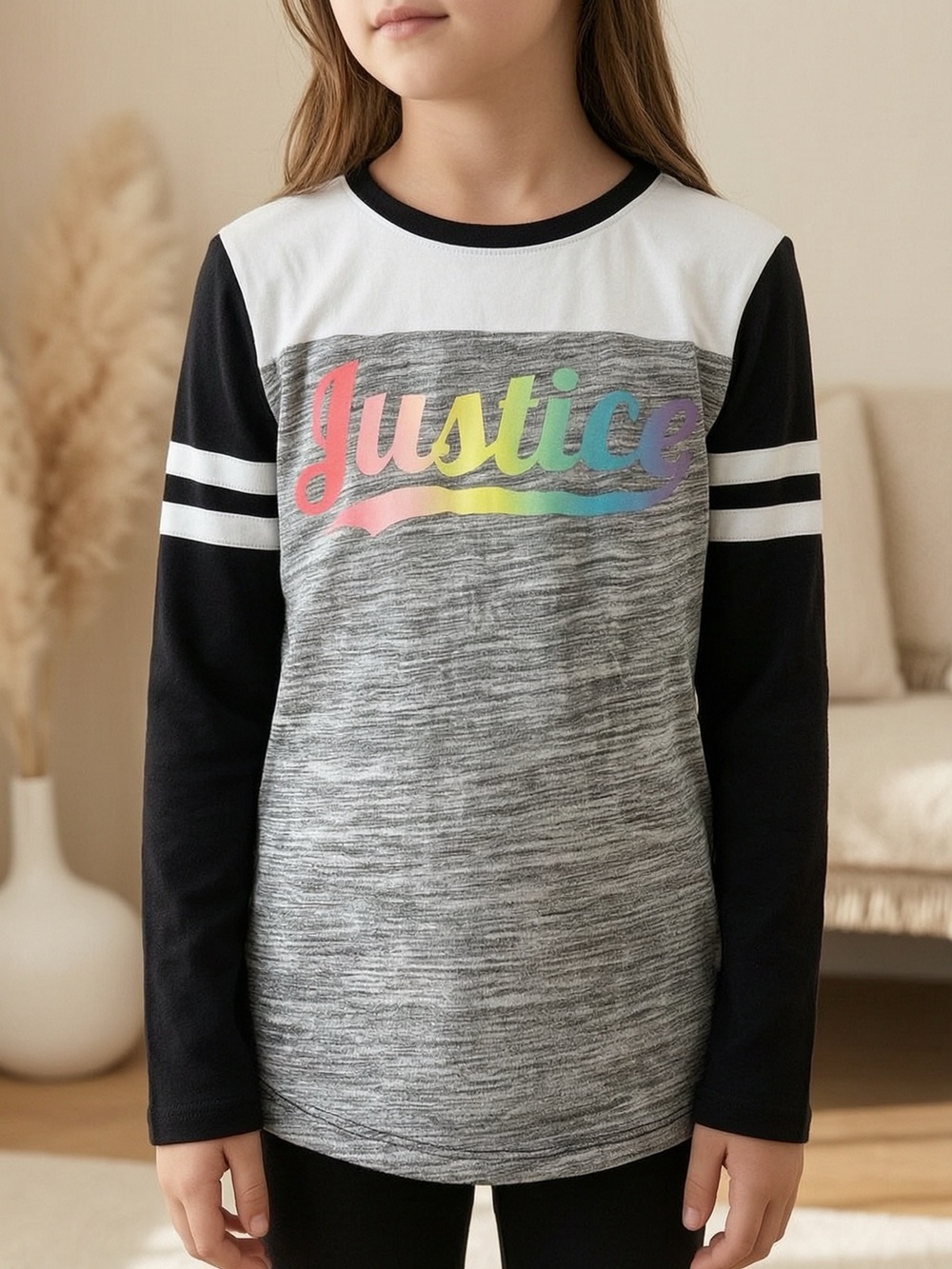 Justice Girls Black, White & Gray Long Sleeve Rainbow Logo Tee